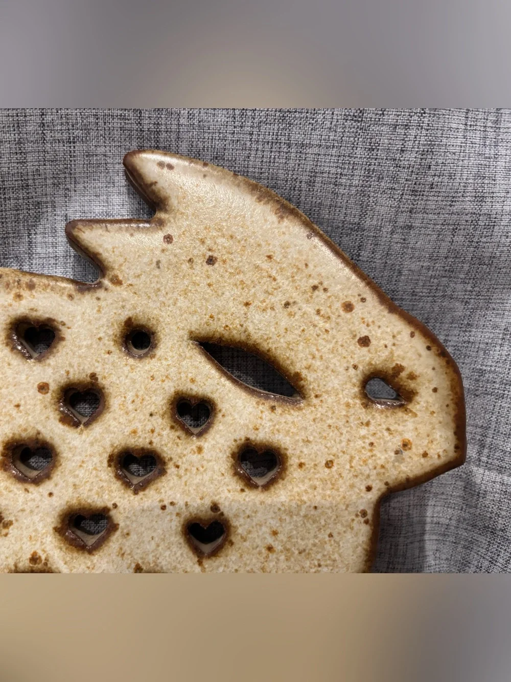 Vintage Stoneware Rabbit Trivet w/Speckled Glaze & Cut-Out Heart Shapes